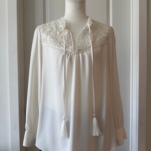 kate spade Cream Lace-Yoke Long-Sleeve Blouse with Tassel Tie